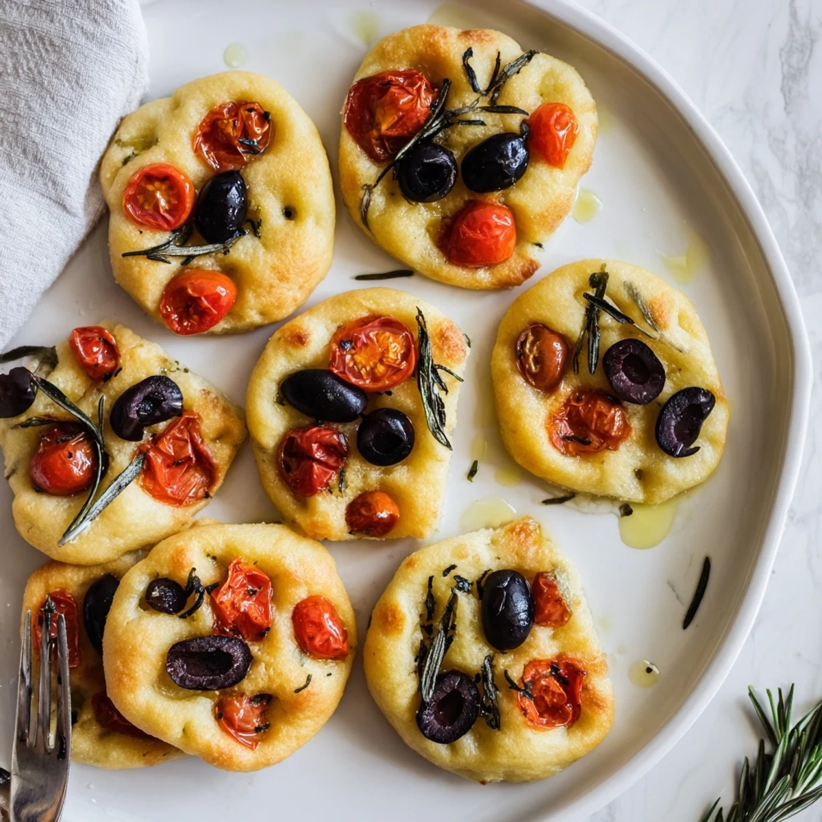 Golden mini focaccia bread topped with rosemary, sea salt, and cherry tomatoes on a wooden board
