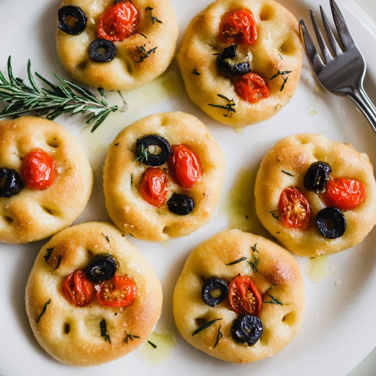 Fluffy individual focaccia snacks with golden crust and aromatic rosemary sprinkles, ready for serving