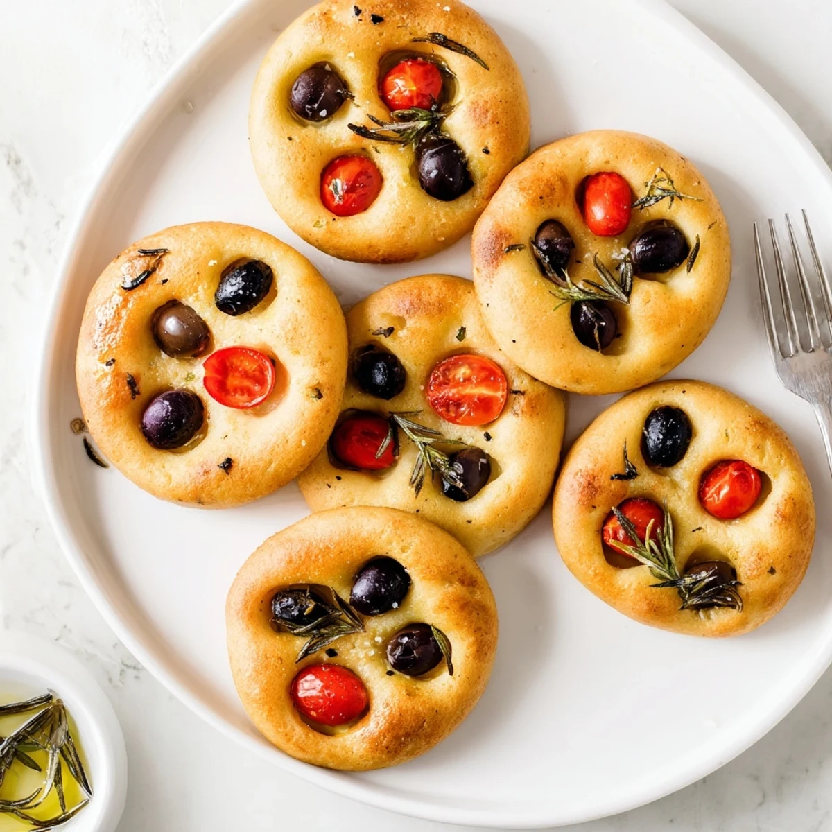 Crispy Italian focaccia rounds with dimpled texture, olives, and fresh herbs arranged on parchment paper