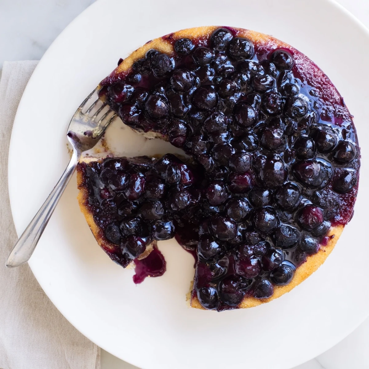 Sliced blueberry upside down cake revealing tender crumb beneath candied berry topping