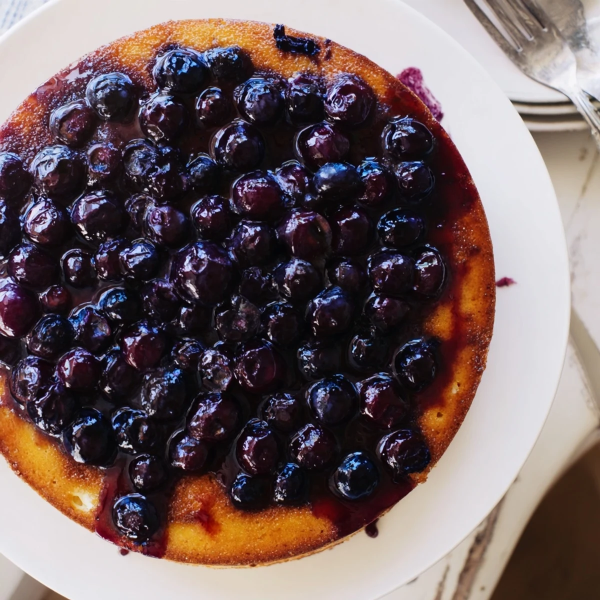 Moist blueberry upside down cake topped with glossy purple berries in caramel glaze