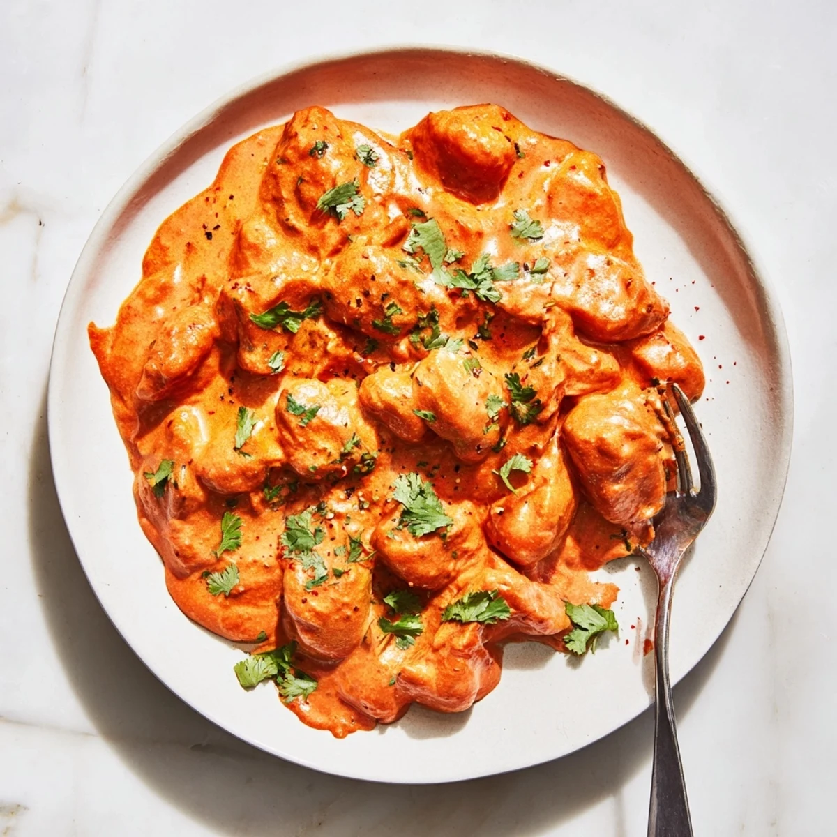 Creamy Tikka Masala Gnocchi featuring pillowy potato dumplings coated in aromatic spiced tomato sauce
