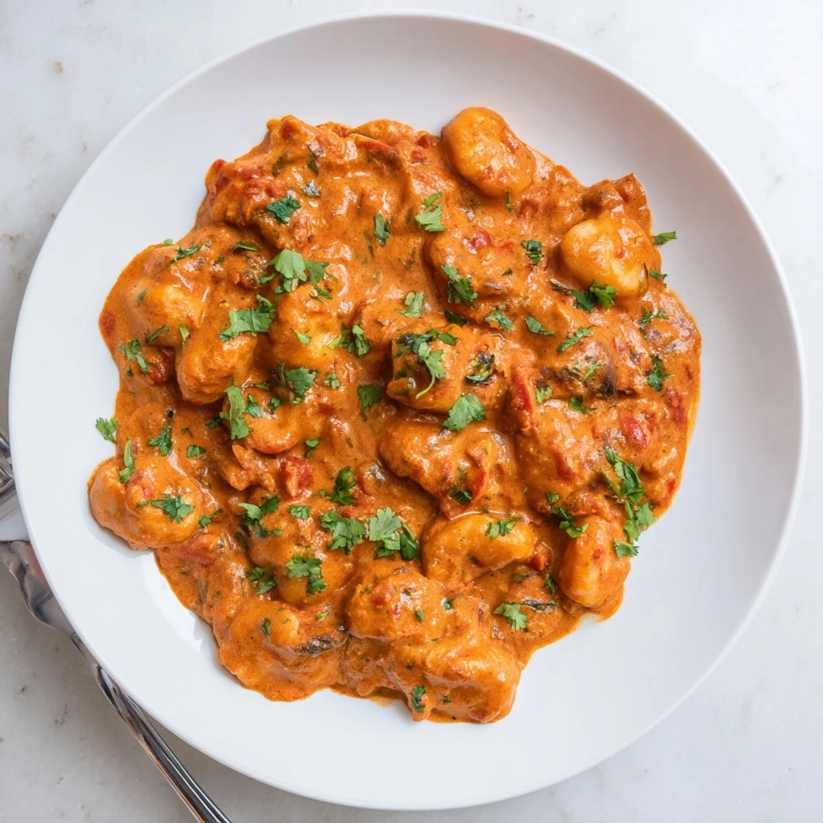 Golden potato gnocchi simmered in rich tikka masala sauce with fresh cilantro garnish
