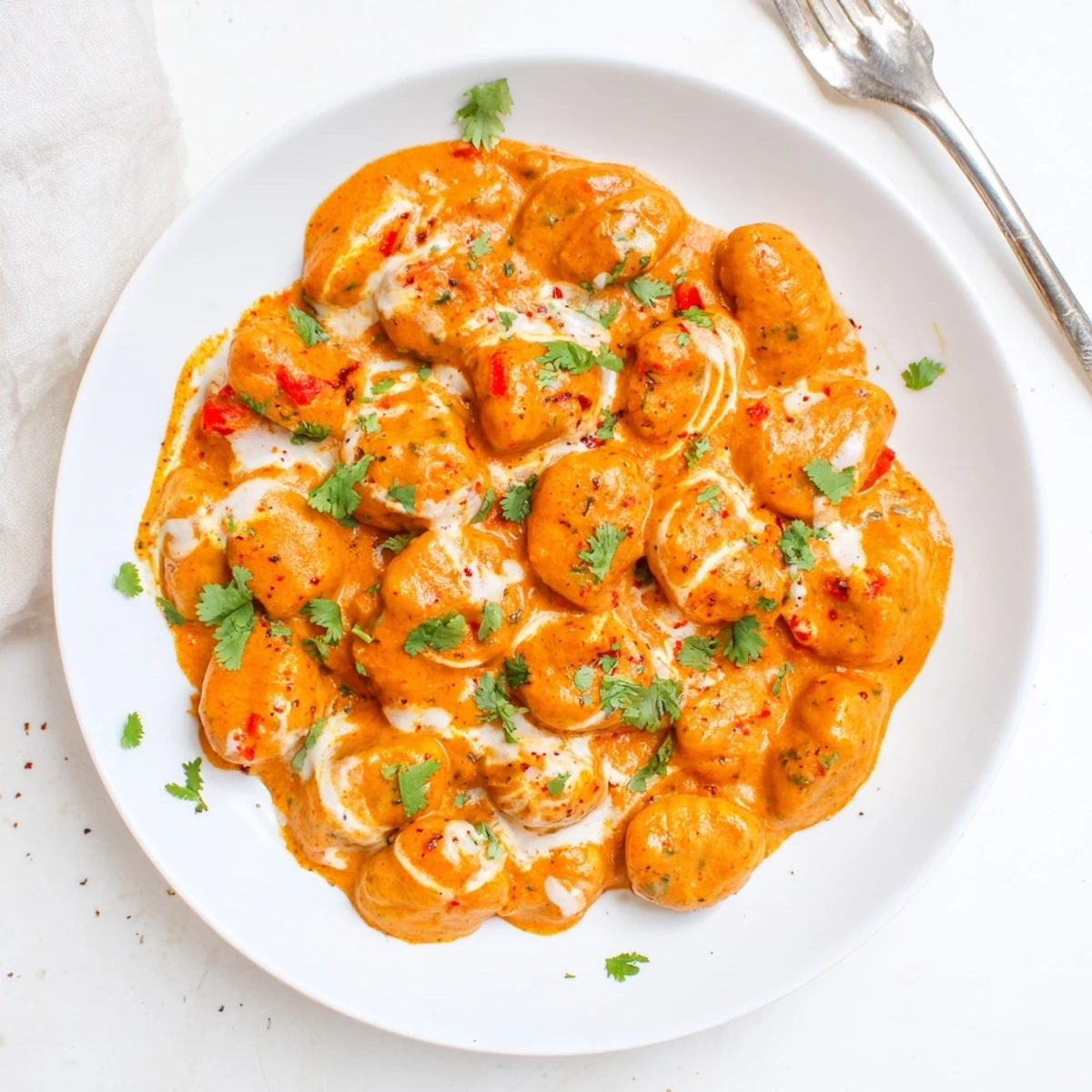 Fusion Tikka Masala Gnocchi plated in velvety curry sauce with vibrant green herbs