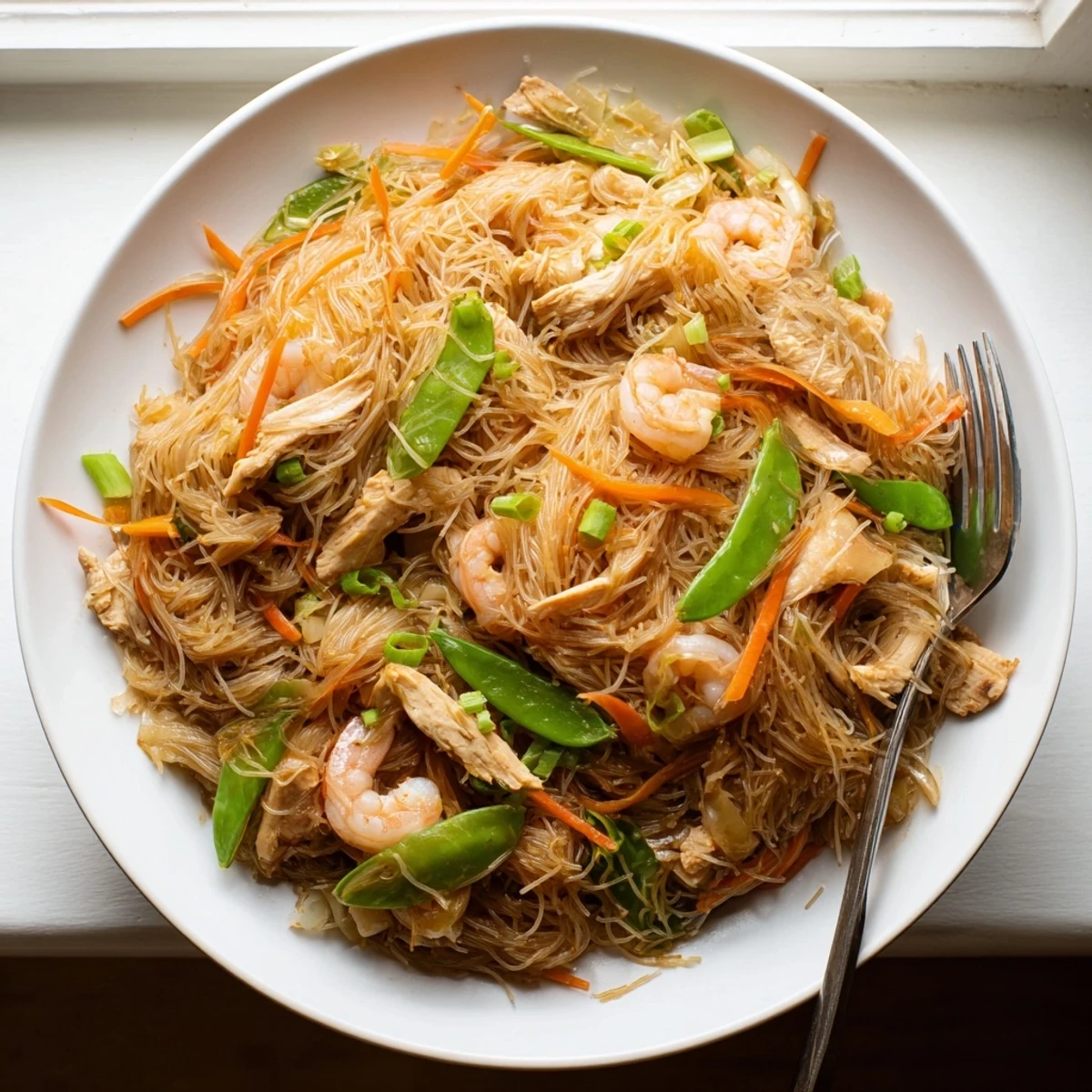Steaming plate of Traditional Pancit Bihon featuring tender rice noodles stir-fried with colorful julienned carrots, cabbage, and juicy seafood