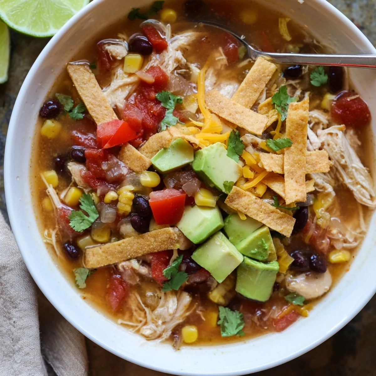 Golden bowl of classic chicken tortilla soup topped with crispy tortilla strips, avocado, and fresh cilantro garnish
