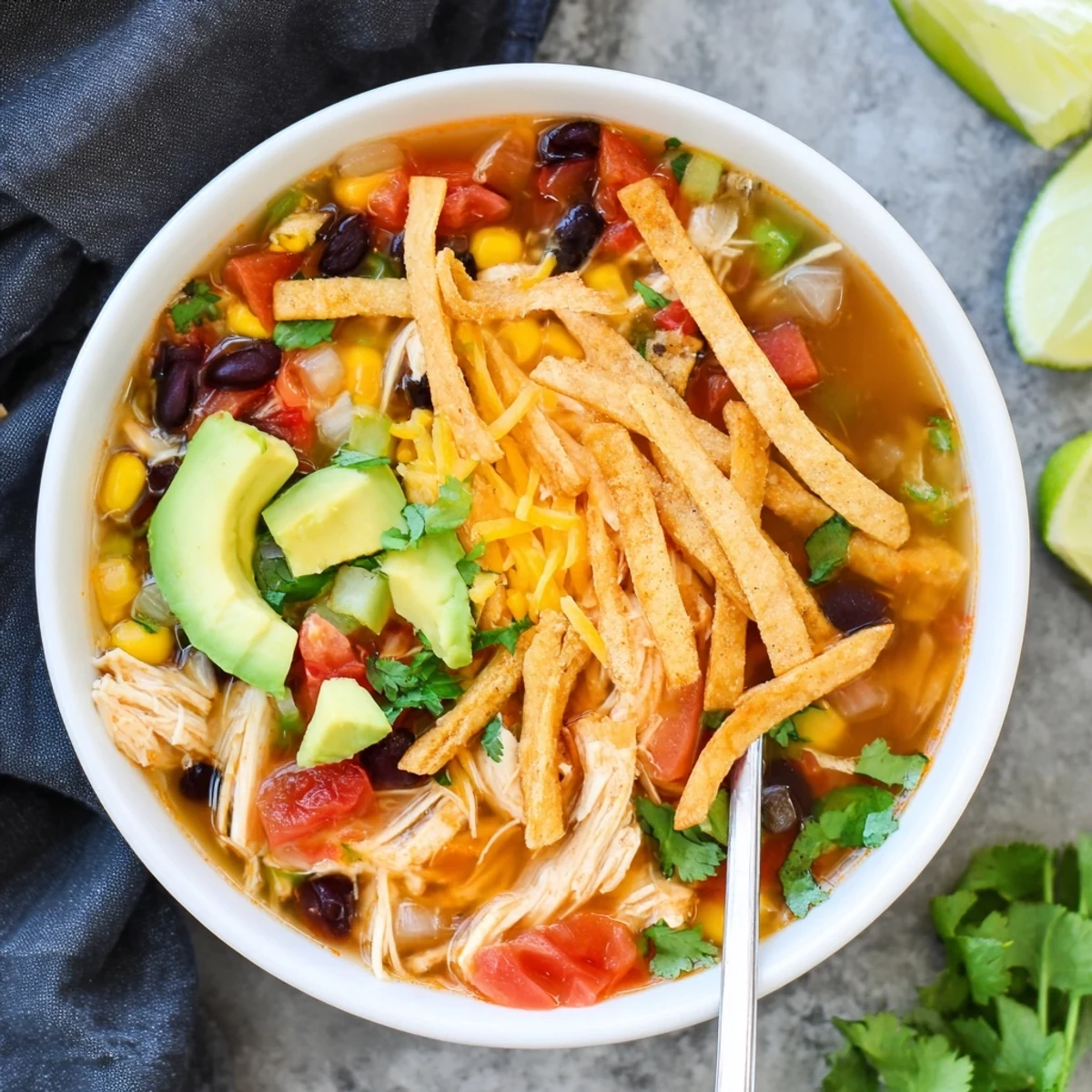 Steaming classic chicken tortilla soup served in rustic white bowls with melted cheese, lime wedges, and sour cream