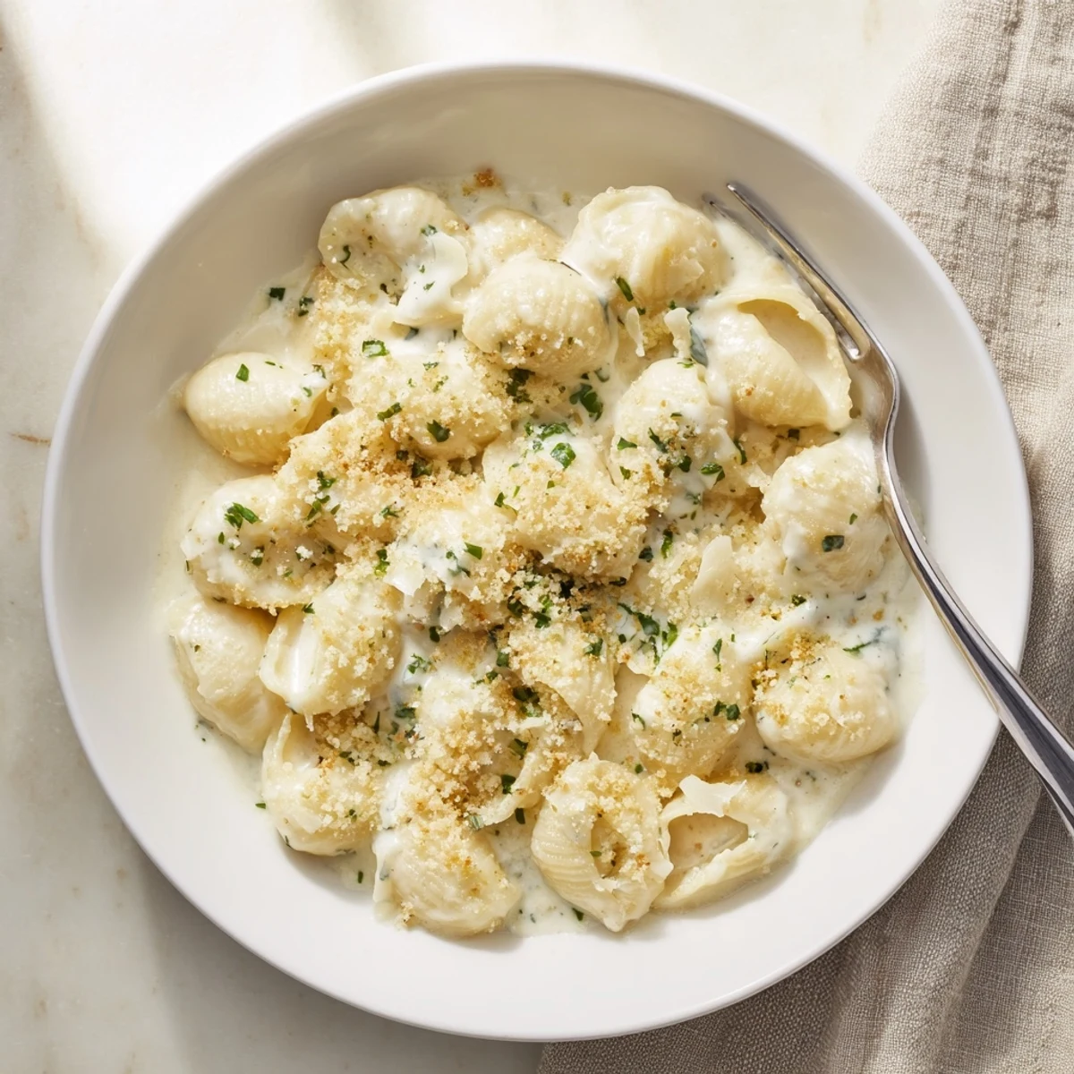 Bubbling bowl of Boursin mac and cheese topped with crispy buttered panko