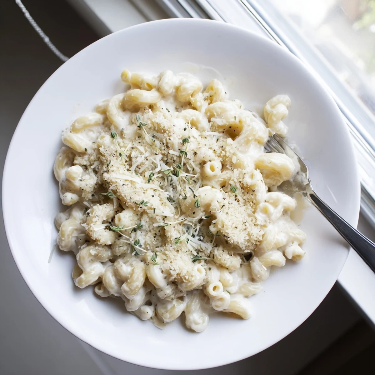 Creamy Boursin mac and cheese with melted cheddar and golden breadcrumb topping