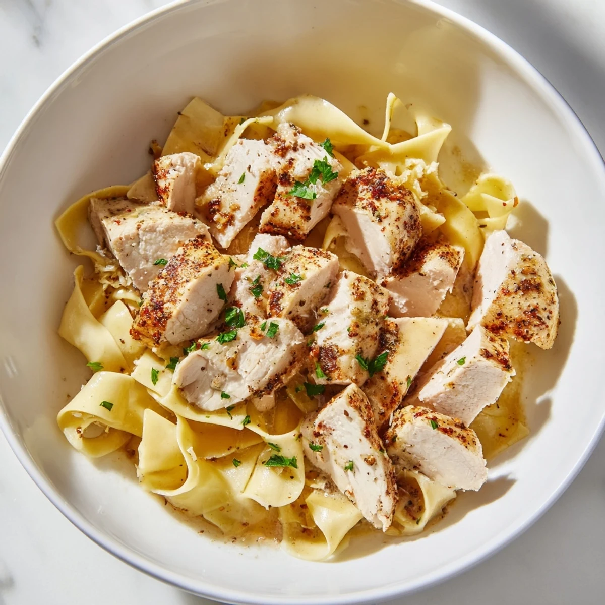 Tender seasoned chicken sliced and served over glossy Parmesan noodles with fresh parsley garnish