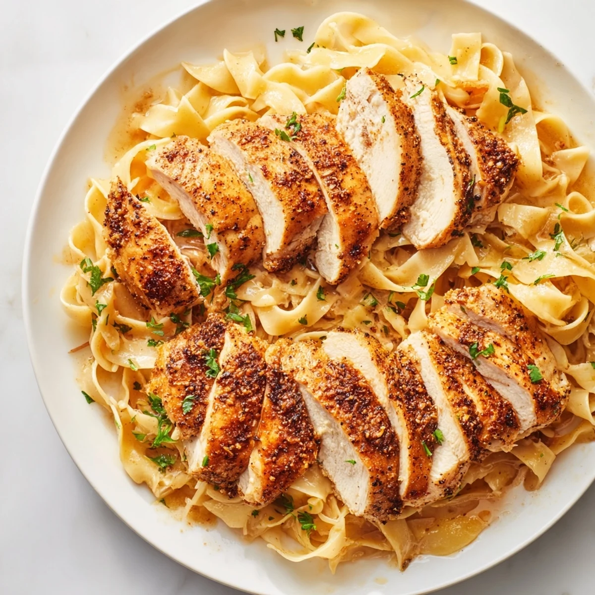 Golden seared chicken breasts resting atop silky buttered egg noodles in a large skillet