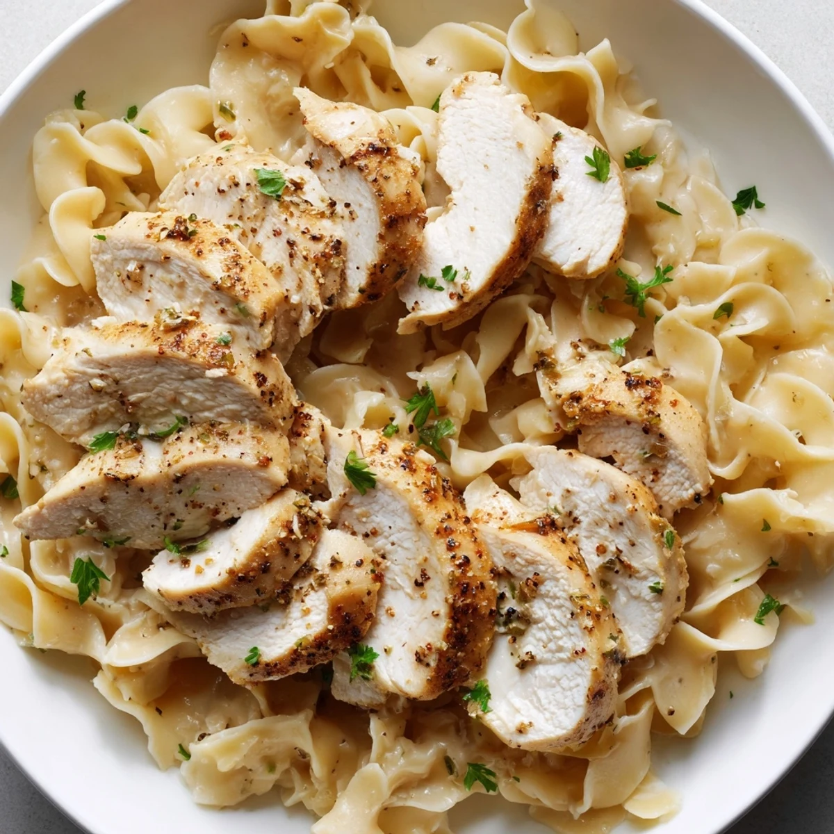 One pan chicken with buttered noodles showing golden brown meat and tender pasta in broth