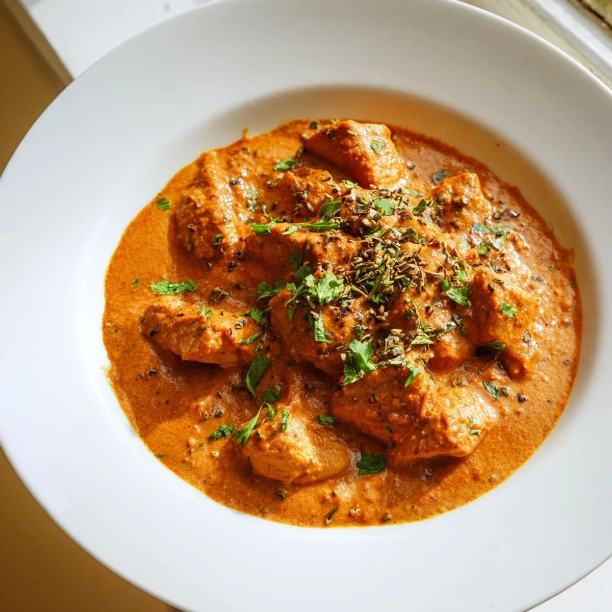 Golden butter chicken pieces swimming in rich orange tomato sauce finished with heavy cream and fresh cilantro garnish