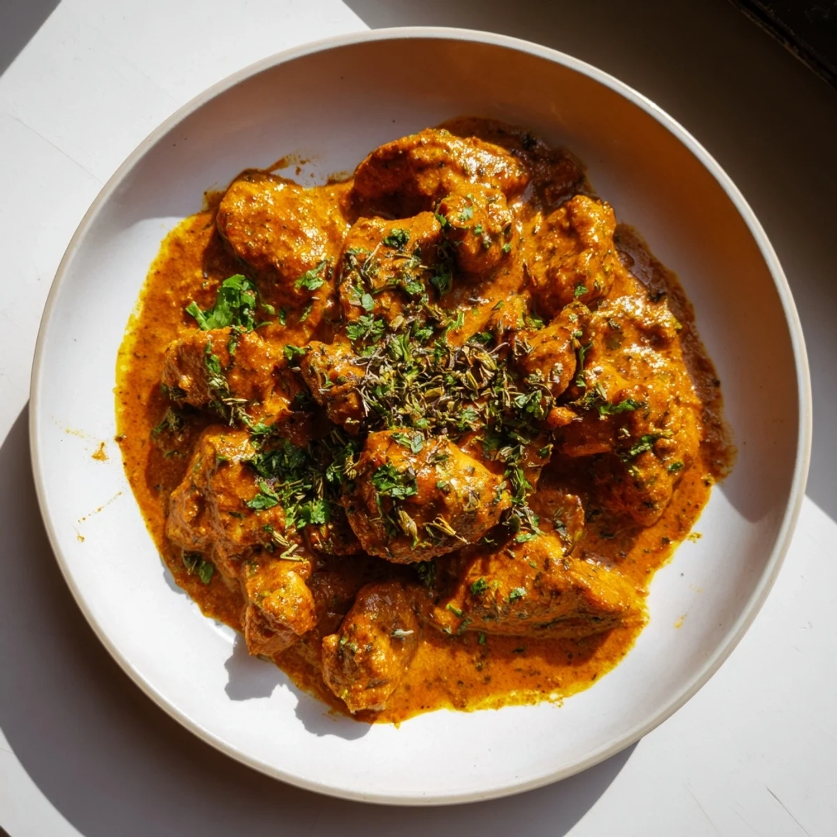 Creamy Indian butter chicken simmered in spiced tomato gravy served over fluffy white basmati rice with naan bread