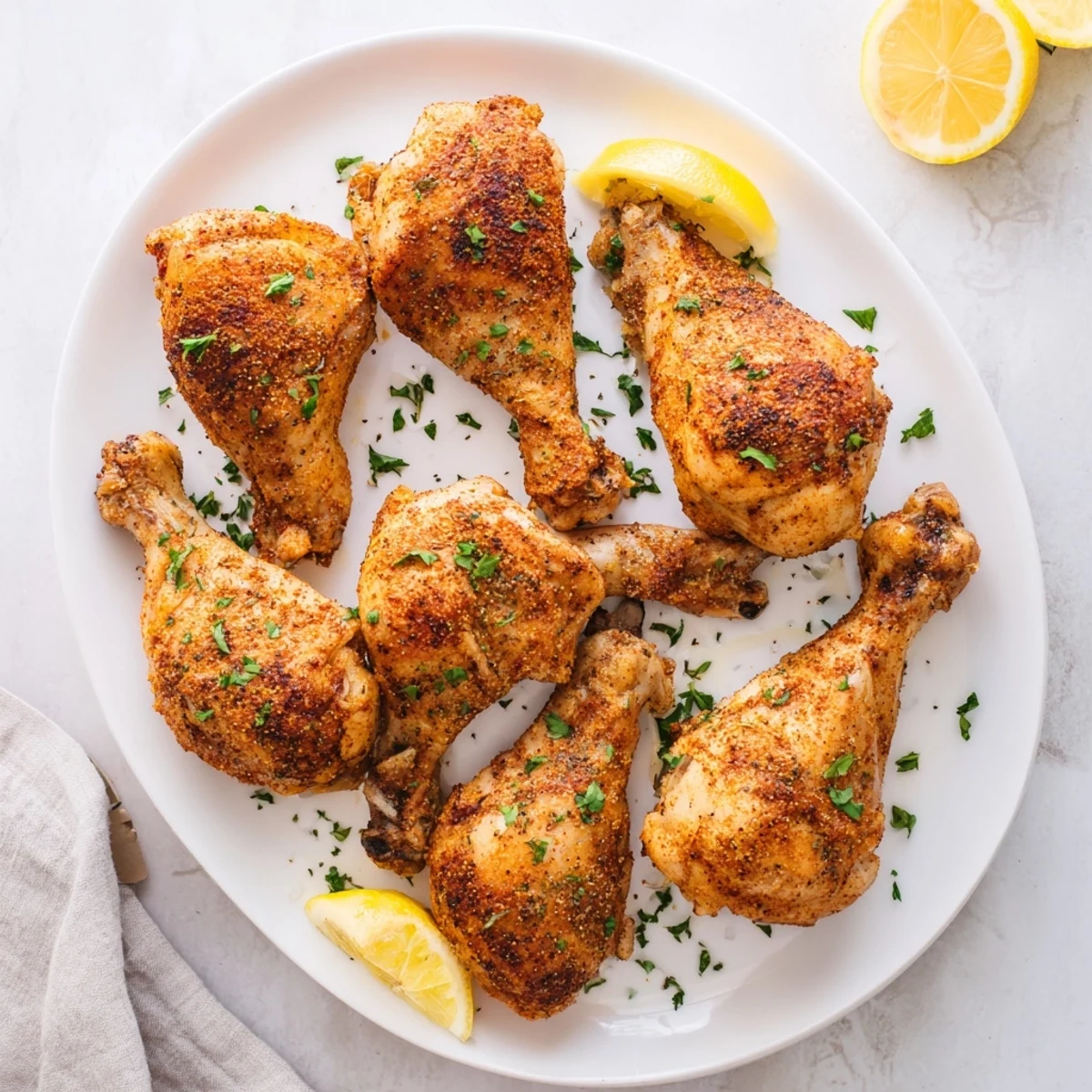Golden brown oven baked chicken legs with crispy skin on a white serving platter garnished with fresh parsley