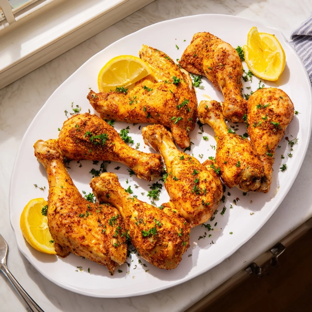 Perfectly seasoned oven baked chicken legs arranged on a baking rack with crispy golden skin and visible spice rub
