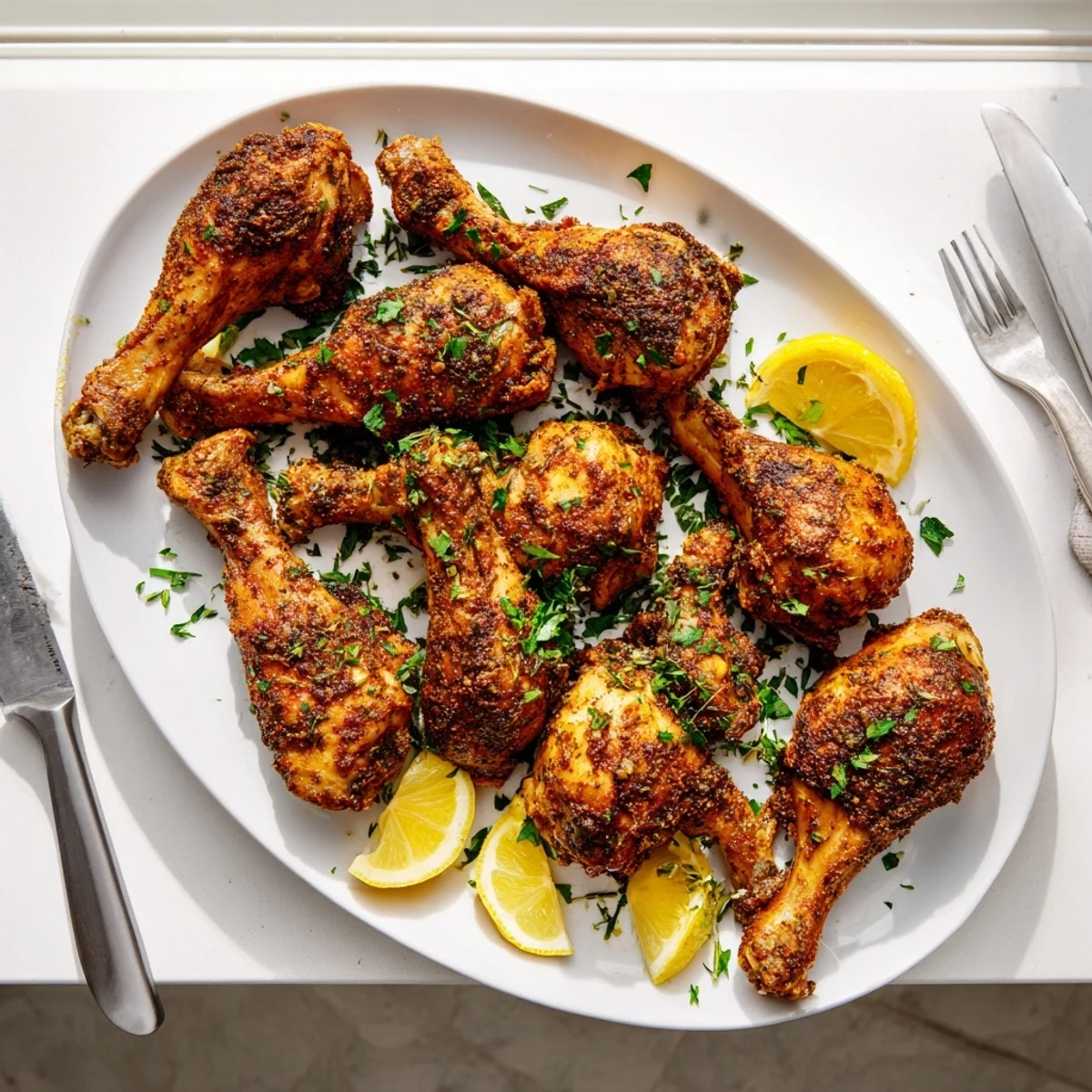 Juicy oven baked chicken legs plated with roasted vegetables and lemon wedges for a complete family dinner