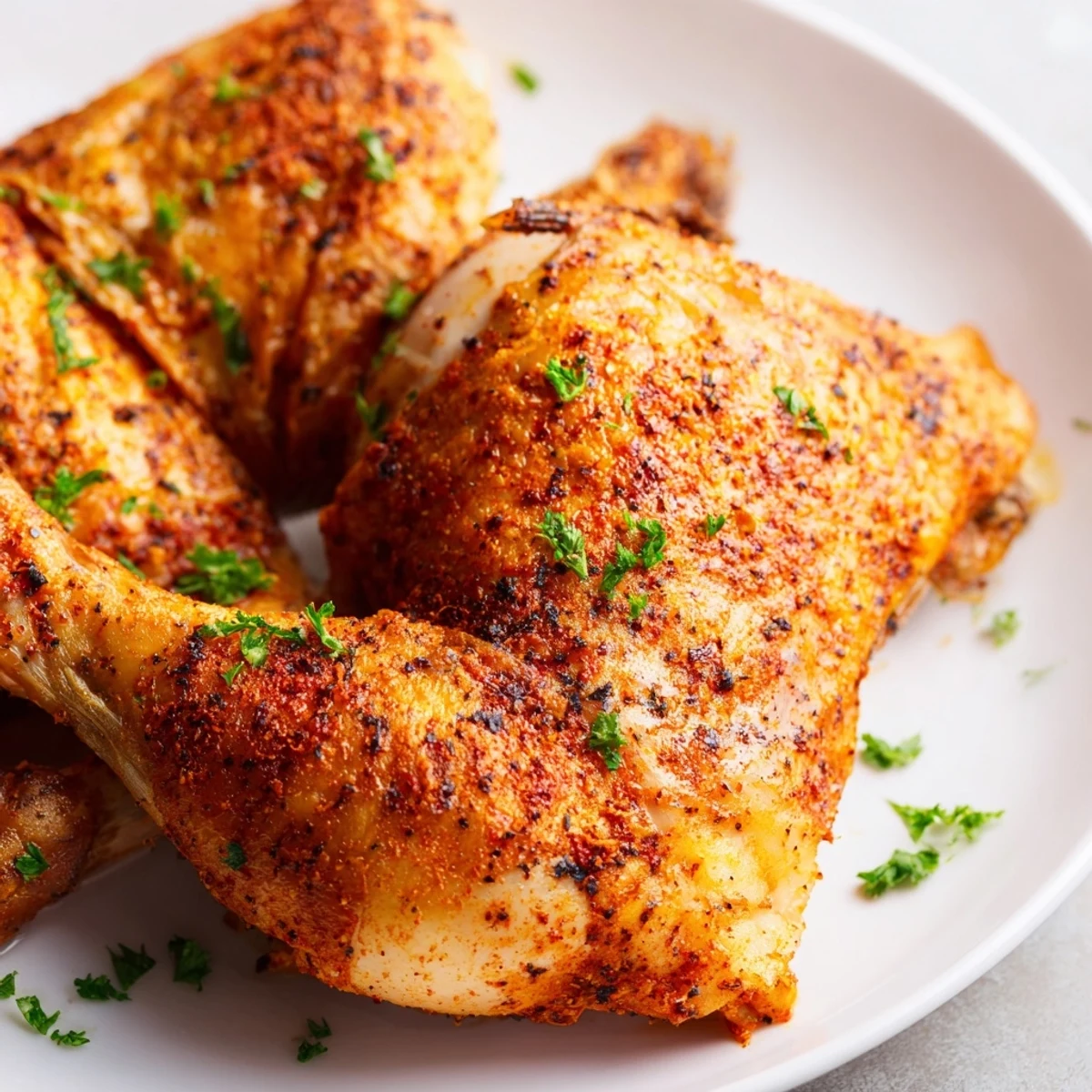 Juicy oven roasted chicken leg quarters with aromatic herbs and perfectly crisped golden skin