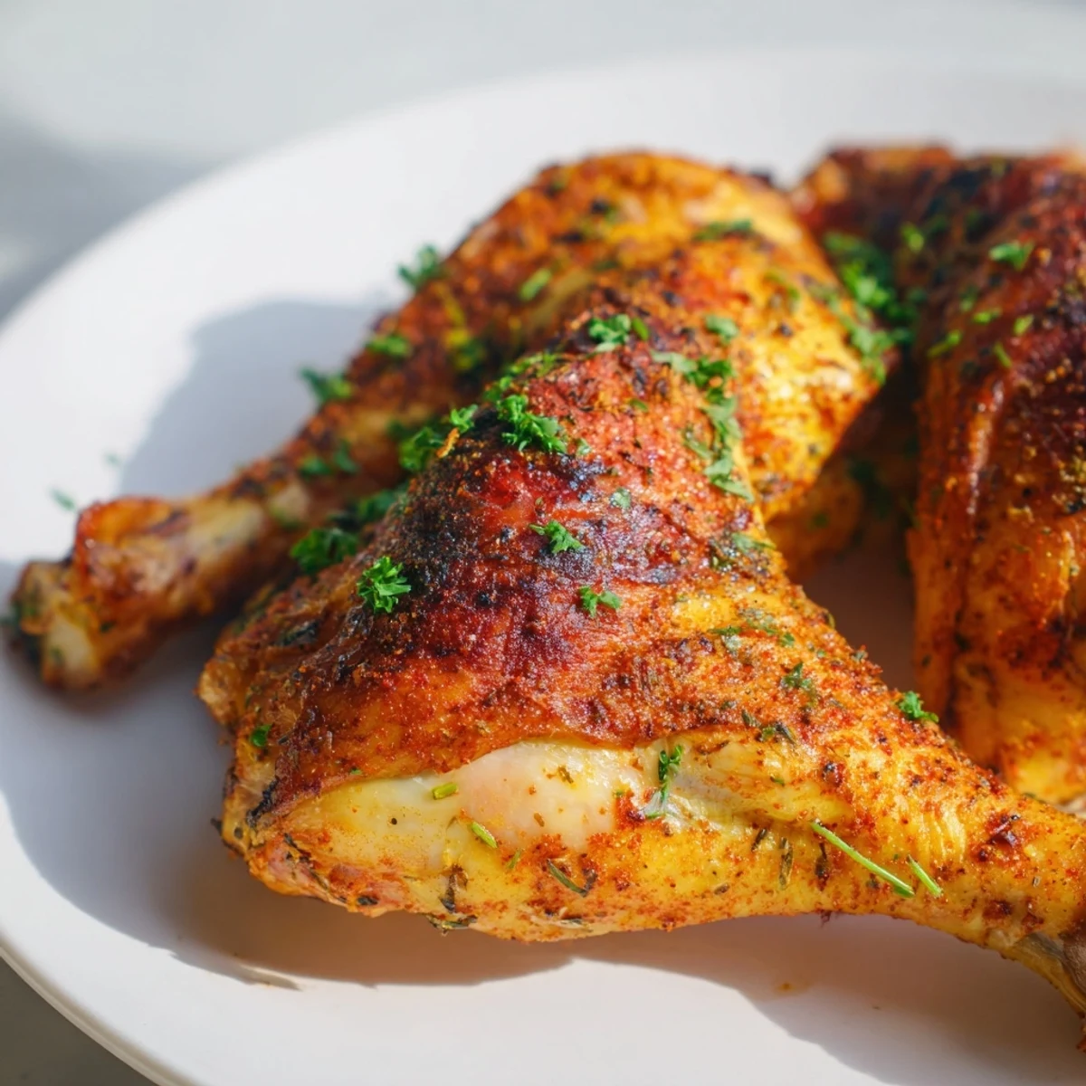 Golden brown baked chicken leg quarters with crispy seasoned skin resting on a wire rack