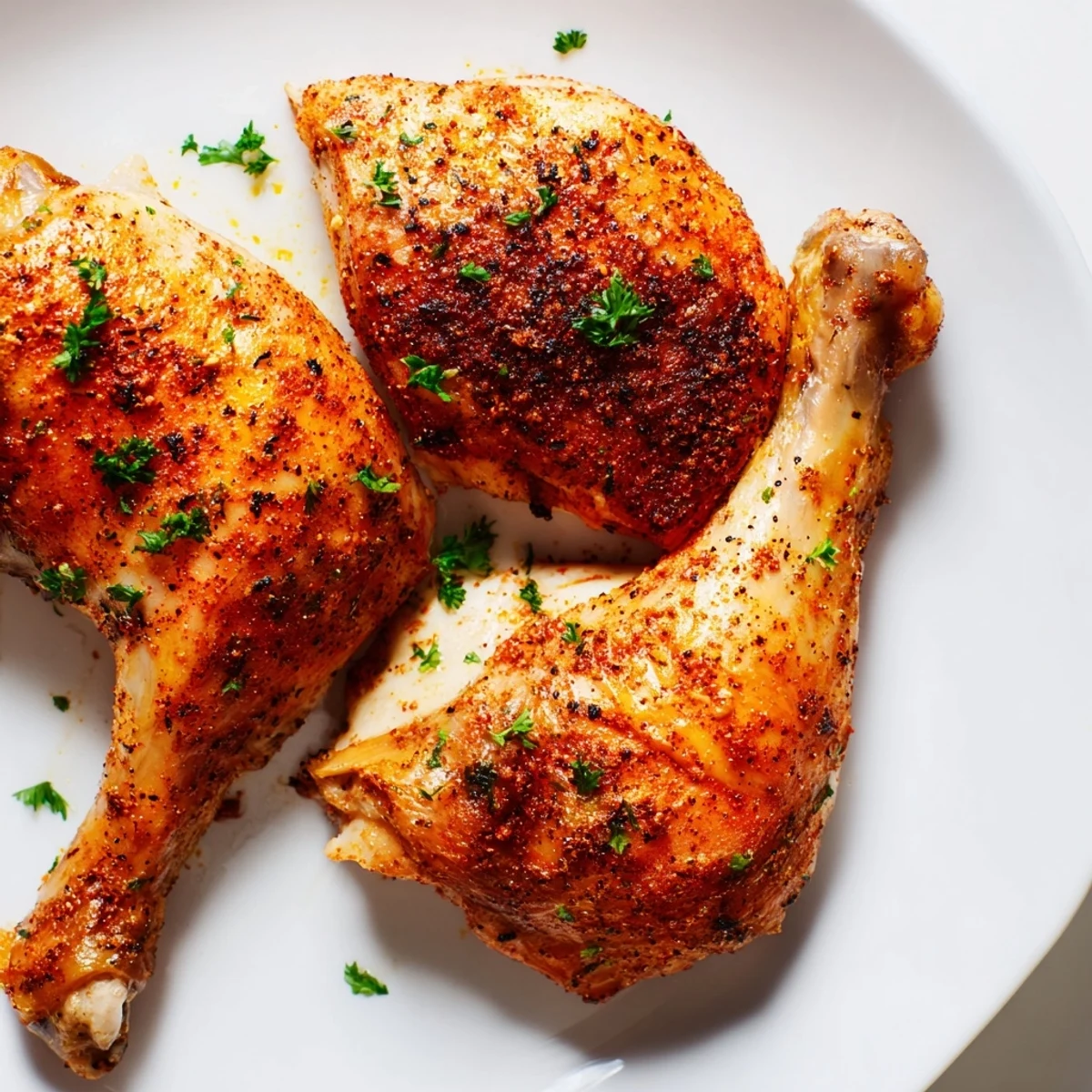 Four beautifully roasted chicken leg quarters displayed with fresh parsley and lemon wedges