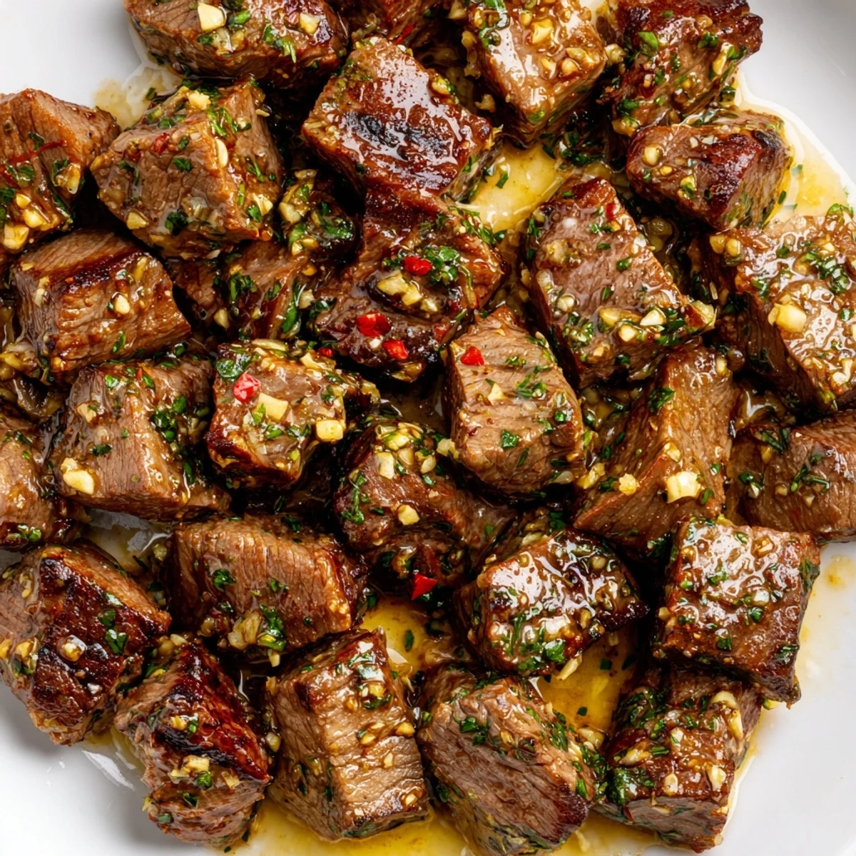 Golden brown cowboy butter steak bites coated in zesty garlic herb sauce with fresh parsley garnish