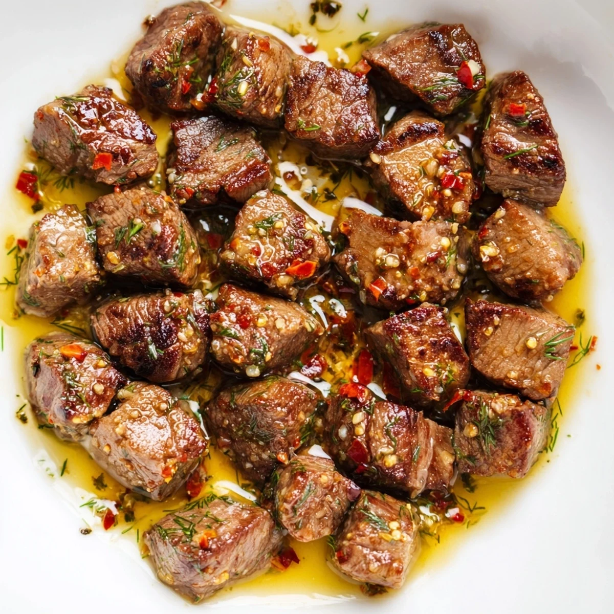 Savory cowboy butter steak bites served on white plate with lemon garlic butter sauce dripping generously