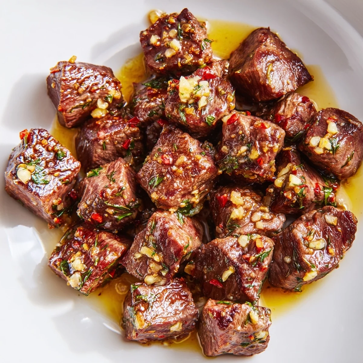 Tender seared steak bites tossed in melted cowboy butter with red pepper flakes and chopped chives