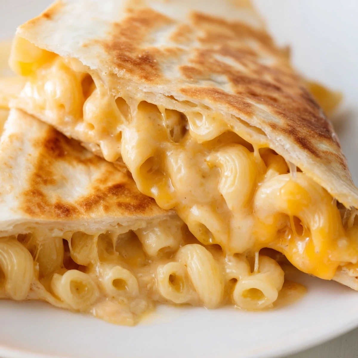 Creamy macaroni and cheese oozing from golden brown toasted flour tortilla triangles