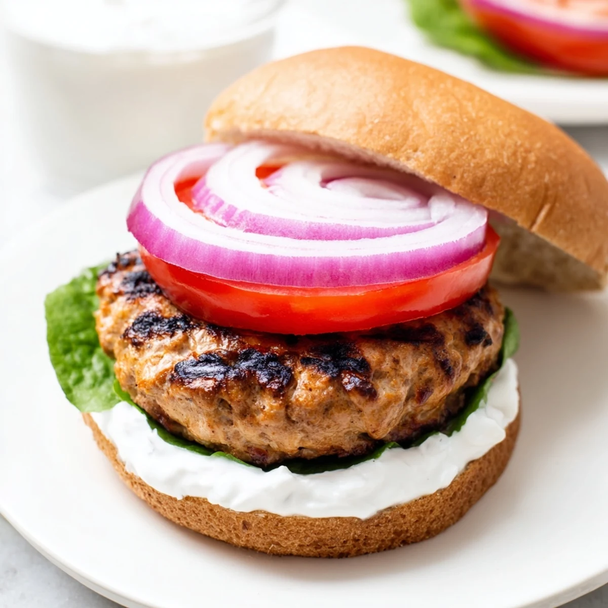 Golden brown healthy high protein burger on whole wheat bun with fresh lettuce tomato and creamy Greek yogurt