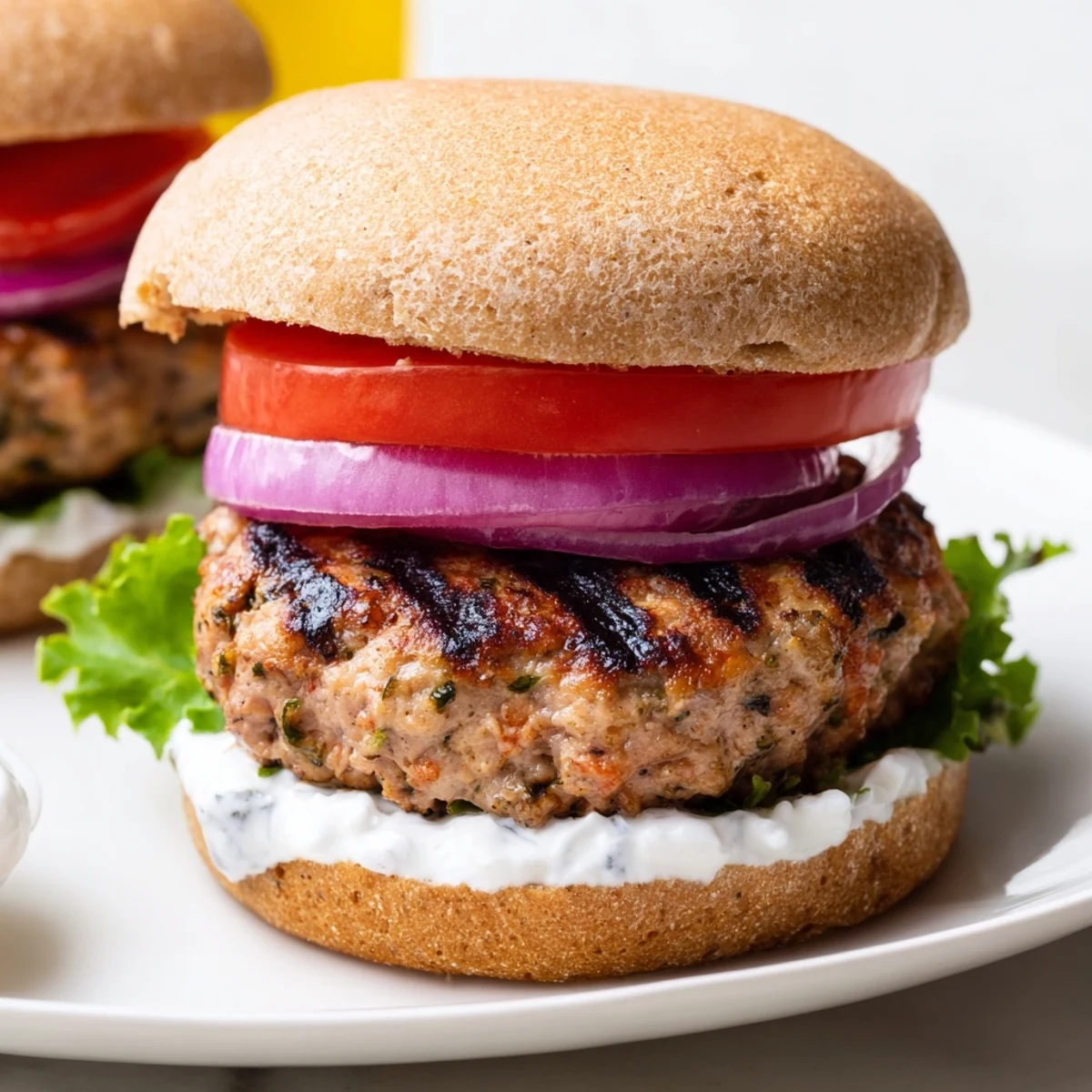 Juicy lean turkey healthy high protein burger patty stacked with crisp vegetables and avocado on toasted bun