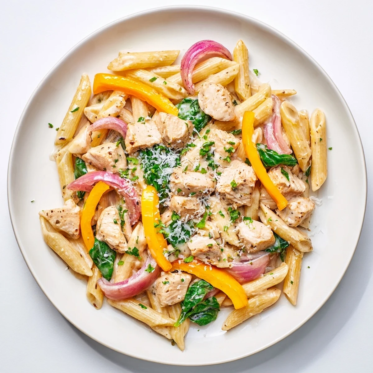 Creamy cowboy butter chicken pasta tossed with colorful bell peppers in a rich herb sauce
