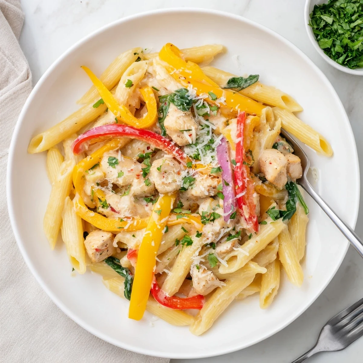 Savory cowboy butter chicken pasta bowl topped with fresh parsley and grated Parmesan cheese