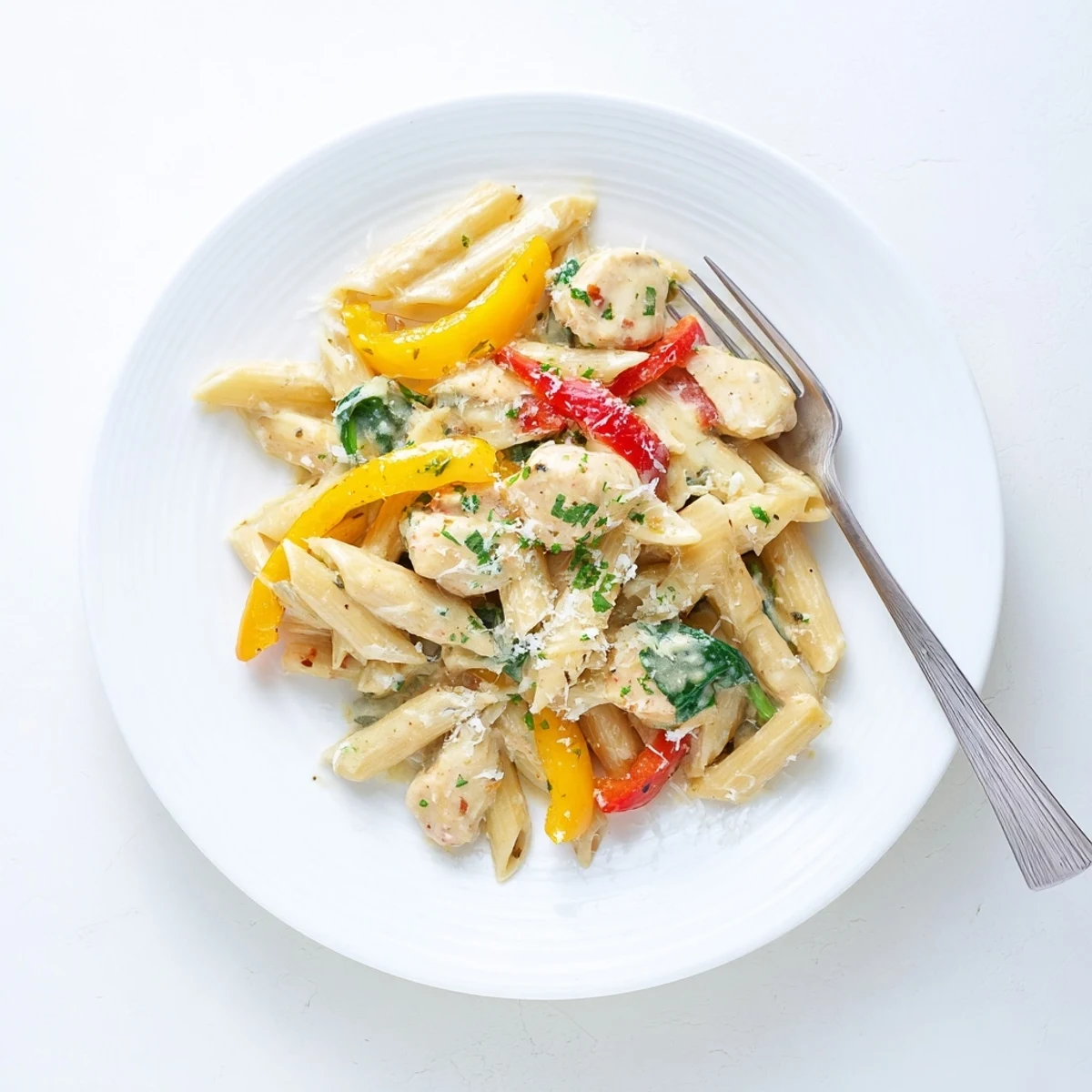 Golden chicken pieces and penne pasta swimming in zesty cowboy butter sauce with wilted spinach