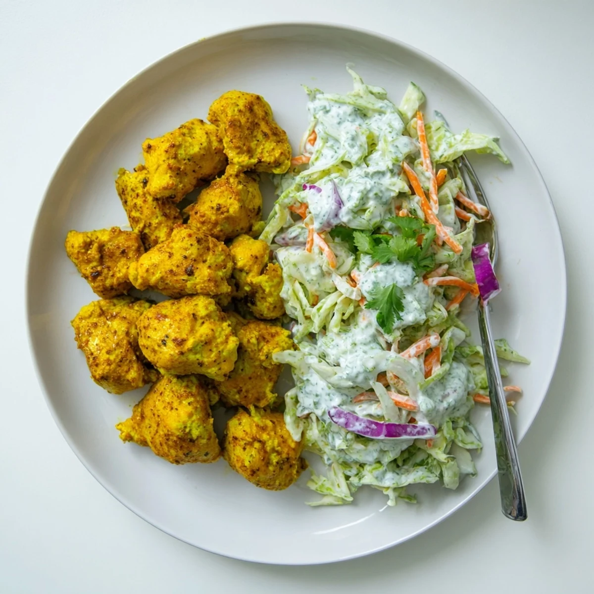 Tender curry-spiced chicken served alongside zesty lime coleslaw and cool mint yogurt garnish with fresh cilantro