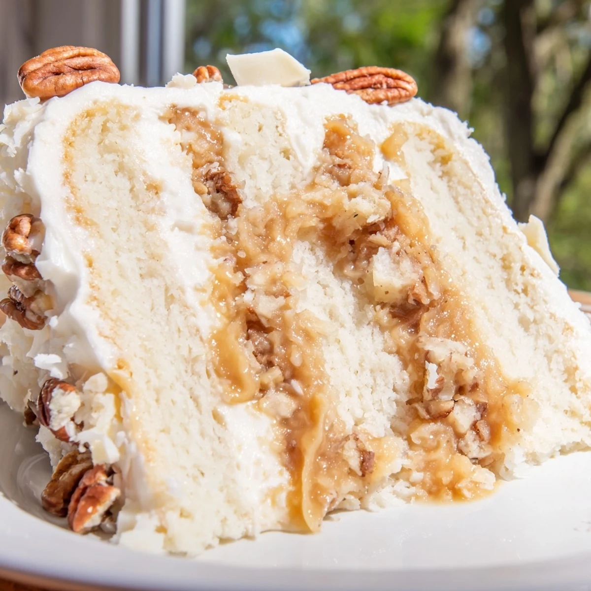 Moist white German Chocolate Cake drizzled with rich coconut-pecan frosting on a decorative serving plate