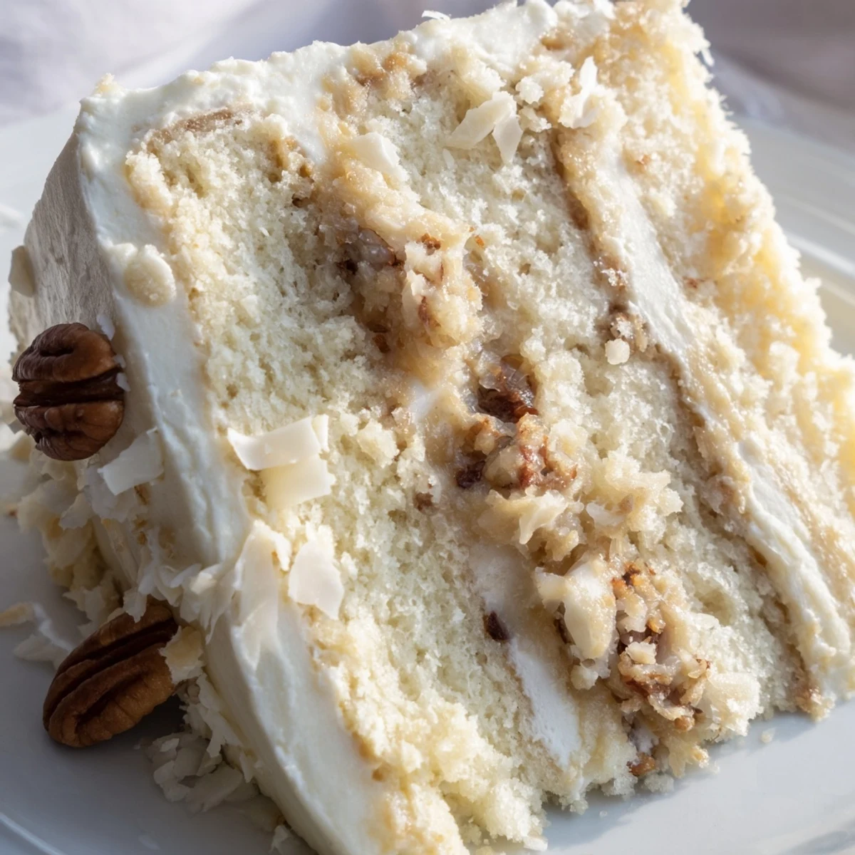 Slice of white German Chocolate Cake revealing creamy coconut-pecan filling sandwiched between tender white chocolate layers