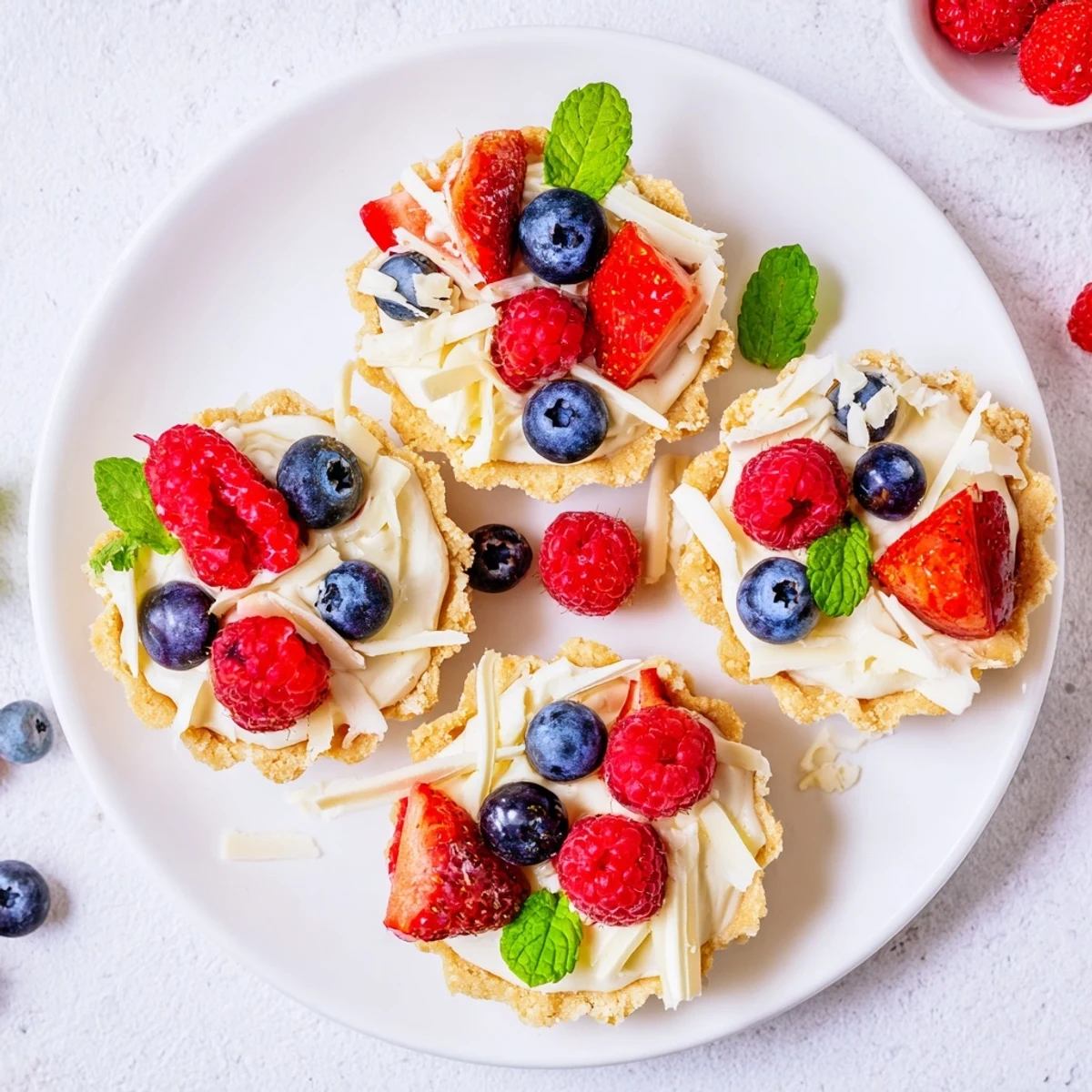 French-style dessert tartlets featuring smooth white chocolate filling and fresh seasonal berries on crisp crust