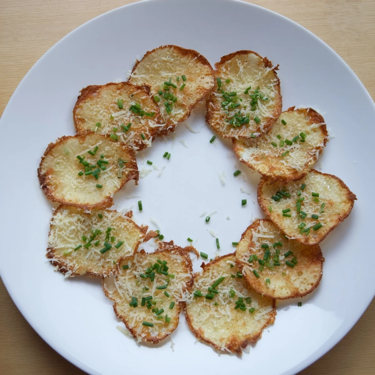 Golden brown cottage cheese chips arranged on a white baking sheet, sprinkled with fresh chives and Parmesan