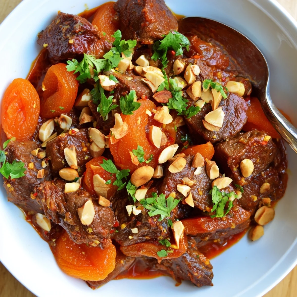 Moroccan beef stew with apricots featuring tender meat chunks in a rich spiced sauce garnished with fresh herbs