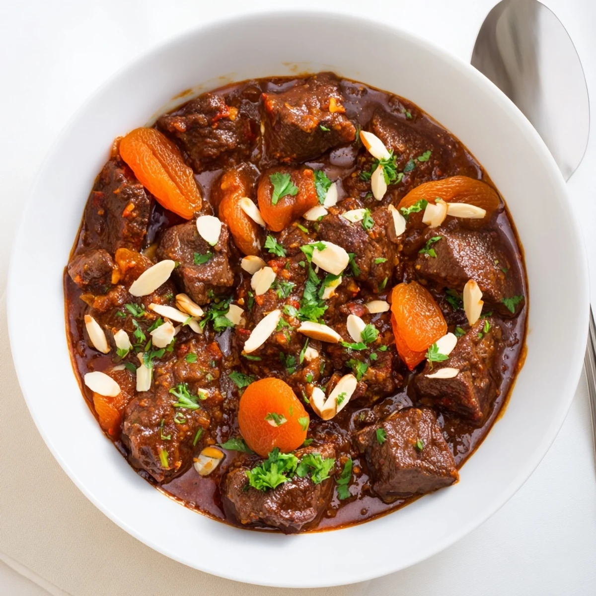 Golden Moroccan beef stew with apricots served in a shallow bowl topped with green cilantro and slivered almonds