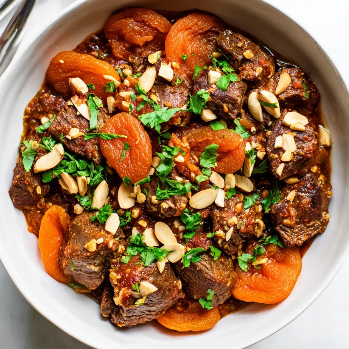 Hearty Moroccan beef stew with apricots simmered with sweet dried fruit and warming spices in a thick red sauce