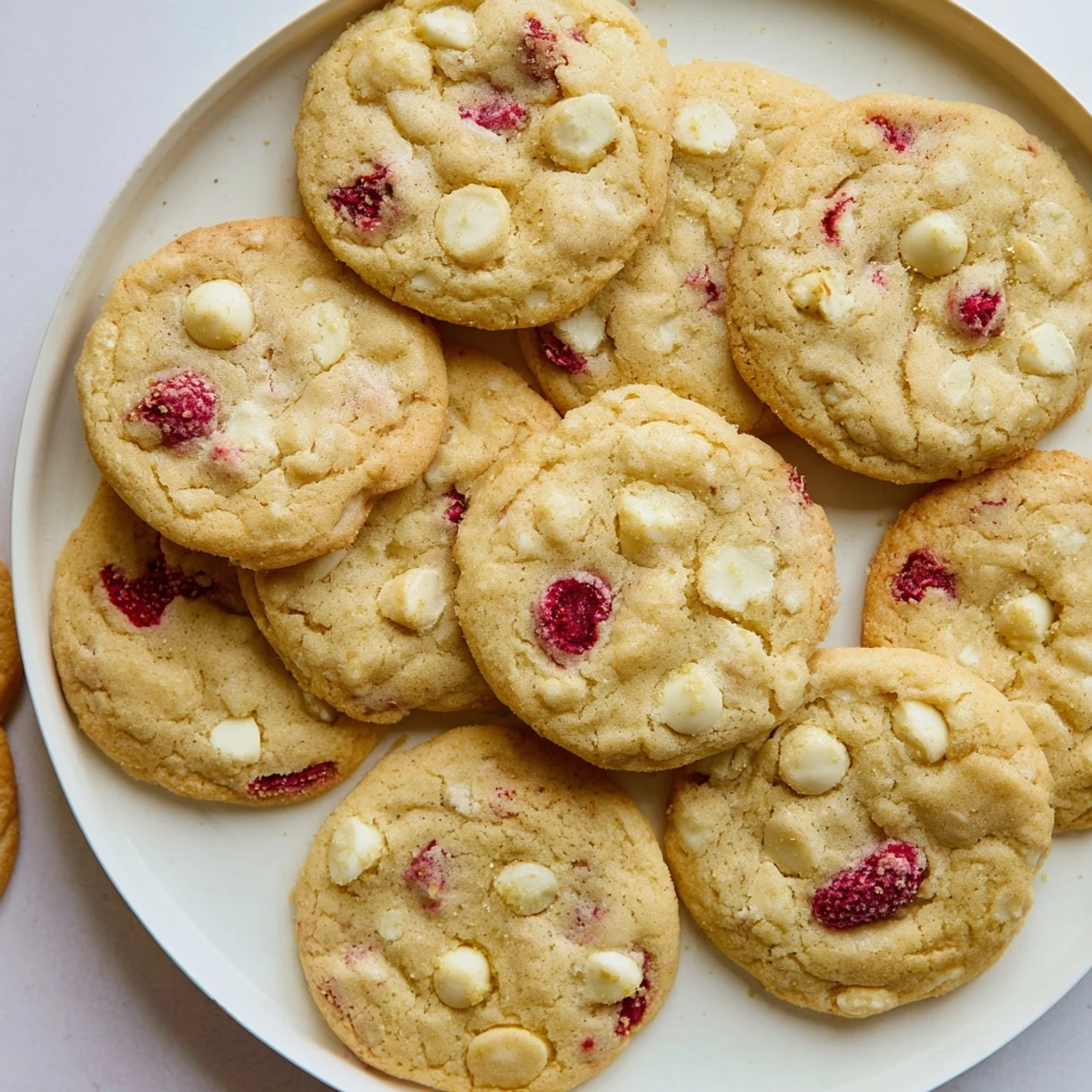 Golden lemon raspberry cookies with bright red berry pieces and lightly crisp edges