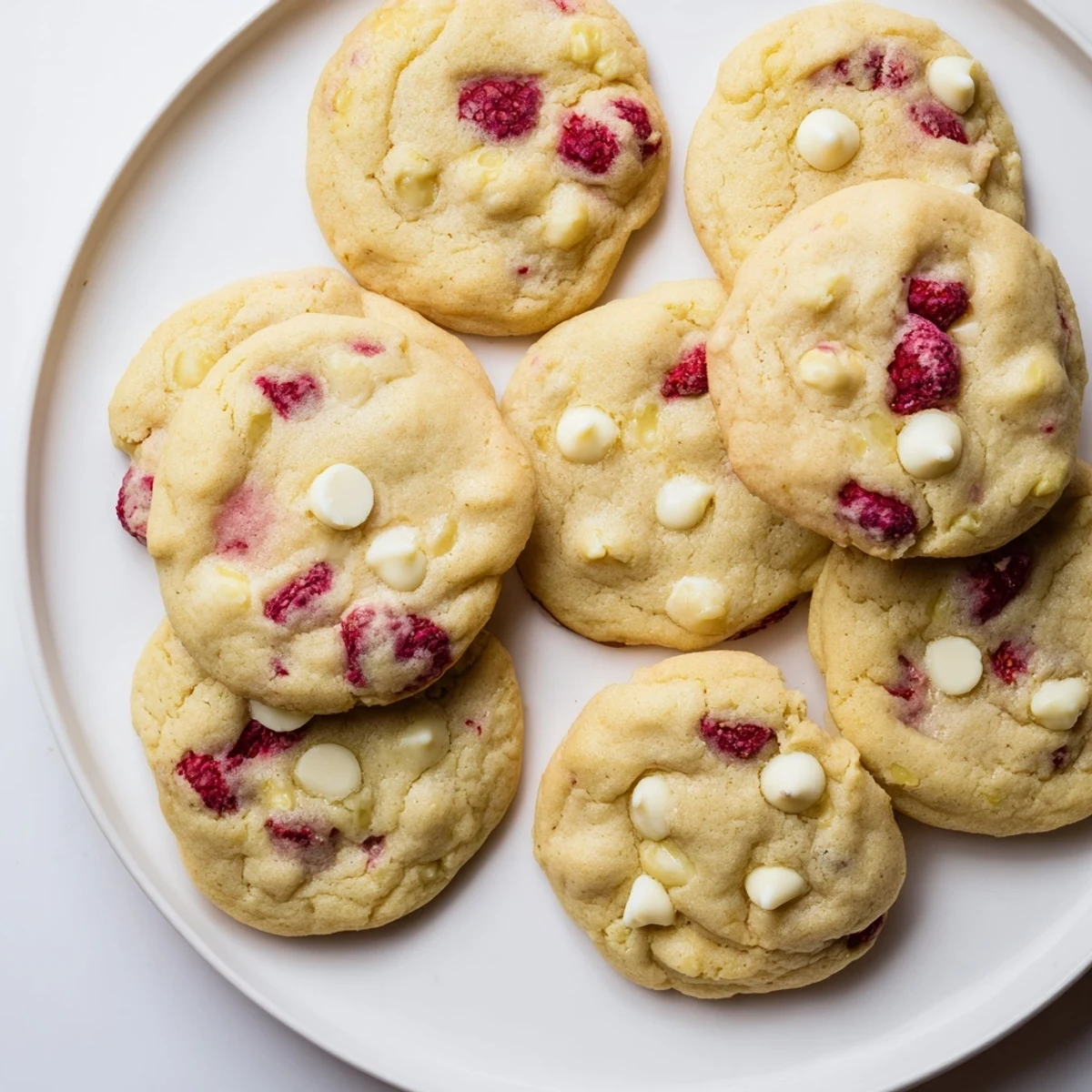 Close up of lemon raspberry cookies bursting with fresh juicy red berries