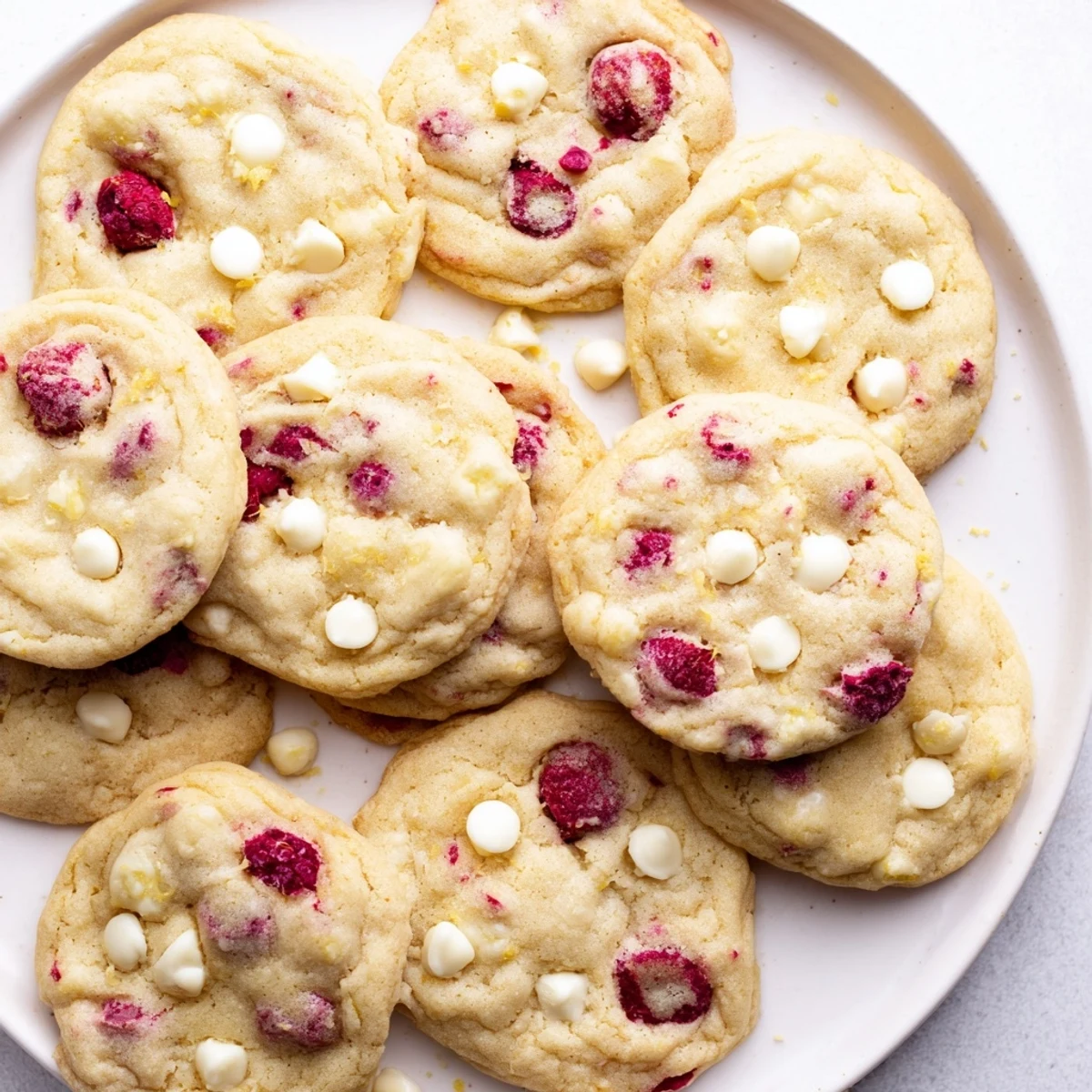 Soft baked lemon raspberry cookies on wire cooling rack with tea nearby