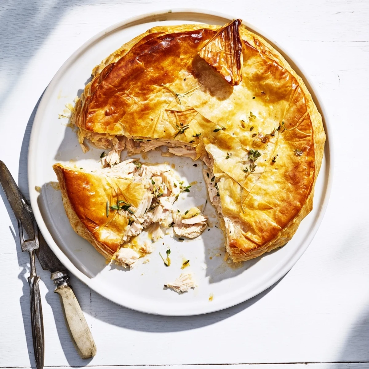 Golden rustic chicken ricotta and herb pie with flaky puff pastry crust baked to perfection
