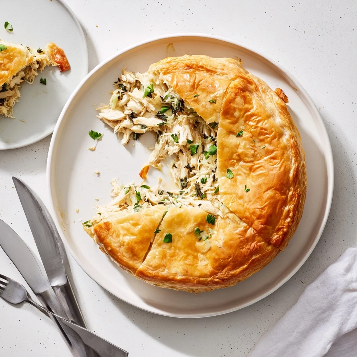 Savory chicken ricotta and herb pie fresh from the oven with steam rising through golden pastry