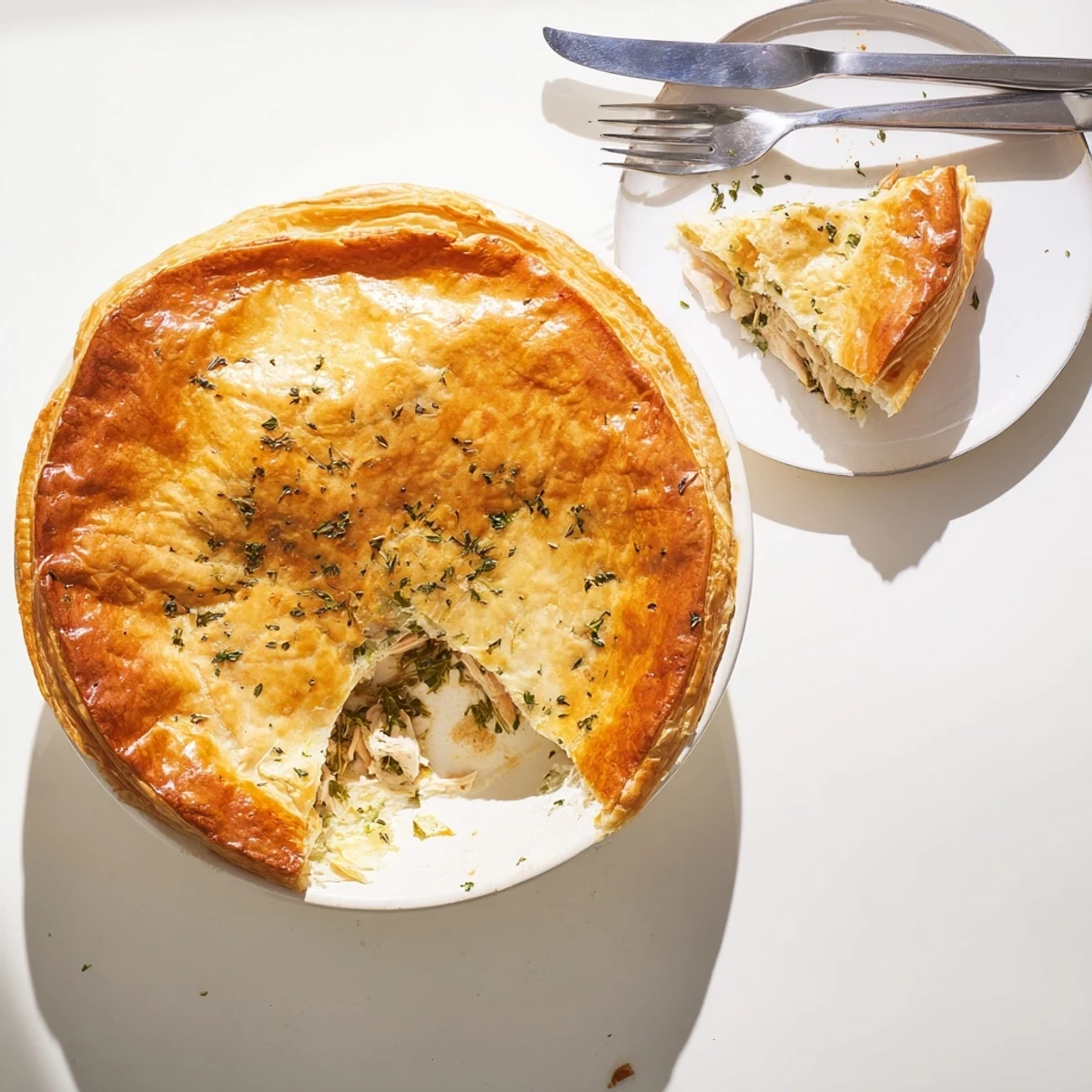 Hearty rustic chicken ricotta and herb pie sliced to reveal creamy filling with fresh green herbs