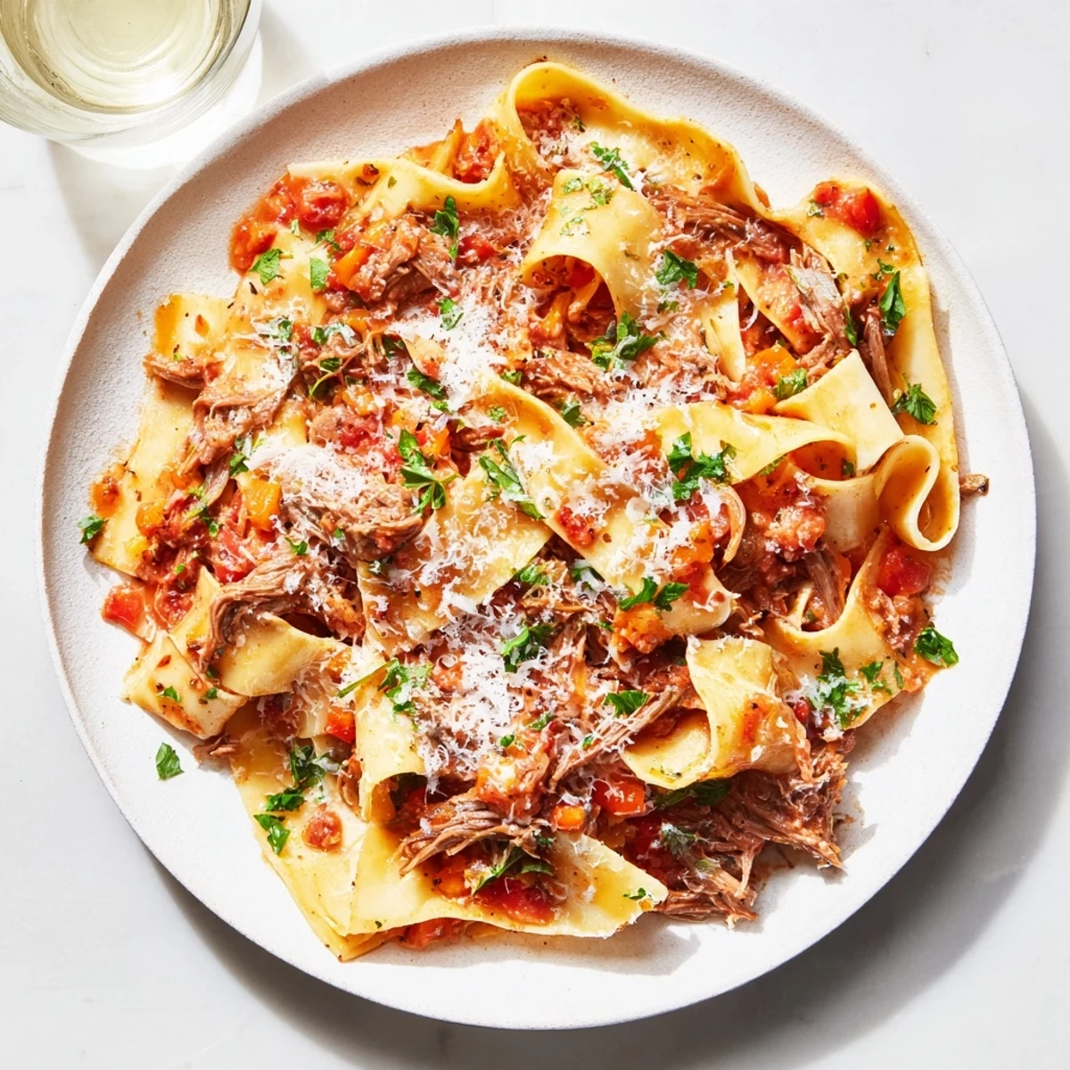Hearty slow cooked lamb ragu with pappardelle pasta topped with grated Parmesan cheese and fresh chopped parsley