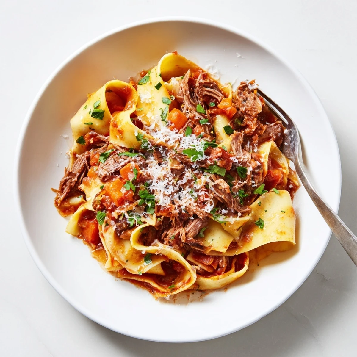 Slow cooked lamb ragu with pappardelle features tender shredded meat in a rich tomato sauce draped over wide pasta ribbons