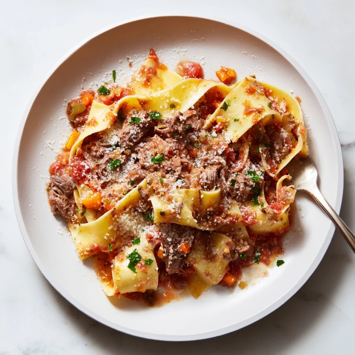 Wide pappardelle noodles coated in thick slow cooked lamb ragu sauce with braised vegetables and red wine undertones